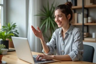 Femme créatrice de formation en ligne travaillant sur son ordinateur portable dans un bureau moderne pour vendre ses cours via systeme.io