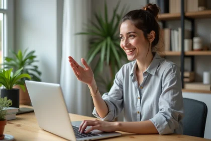 Femme cr&eacute;atrice de formation en ligne travaillant sur son ordinateur portable dans un bureau moderne pour vendre ses cours via systeme.io