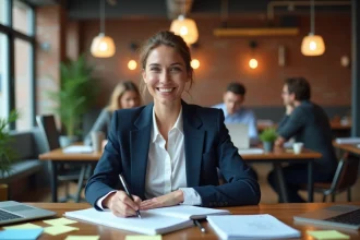 Femme entrepreneur concentrée à son bureau dans un espace de coworking, entourée d'outils de création d'entreprise comme des carnets et un ordinateur portable