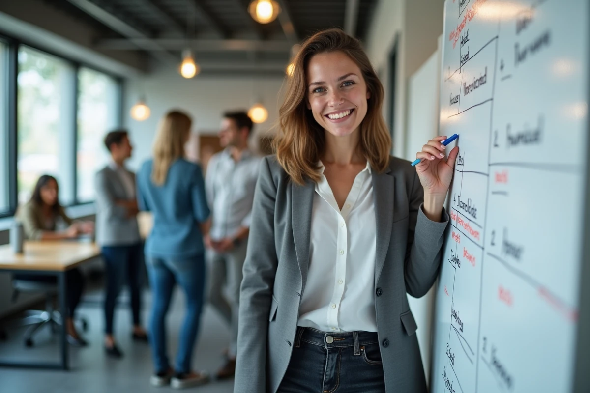 Femme entrepreneur en blazer gris devant un tableau blanc avec stratégie d'entreprise dans un bureau startup moderne