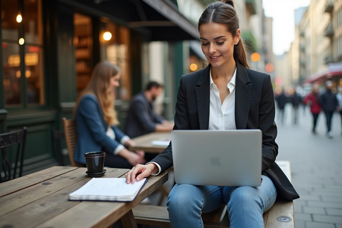 Femme solo travaillant à une table de café en ville