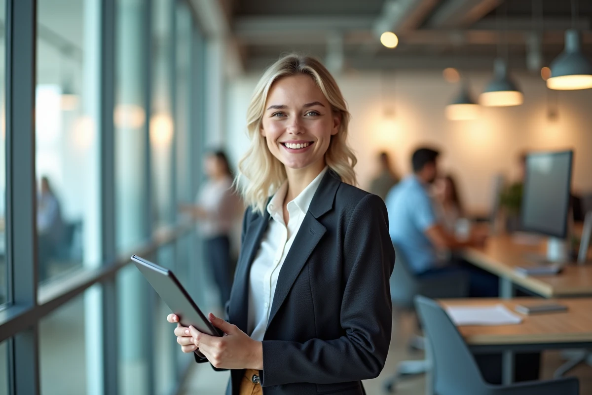 Jeune femme entrepreneure souriante dans un espace coworking lumineux