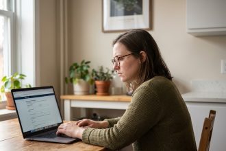 Jeune femme concentrée remplissant un formulaire en ligne à la maison