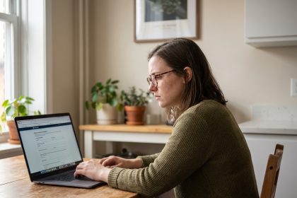 Jeune femme concentr&eacute;e remplissant un formulaire en ligne &agrave; la maison