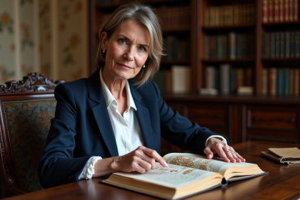 Femme fran&ccedil;aise en blazer pointant un livre d'histoire avec fleurdelis