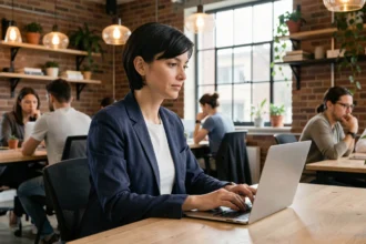 Femme indépendante travaillant dans un espace de coworking à Bourges, assise devant son ordinateur portable dans un cadre moderne en brique apparente