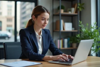 Femme d'affaires analysant des données marketing sur son ordinateur