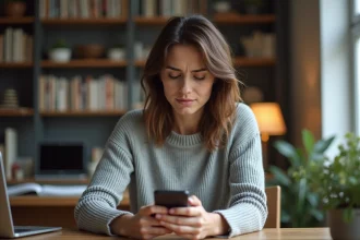 Femme consultant son smartphone avec un numéro de téléphone inconnu affiché à l'écran, assise à un bureau à domicile