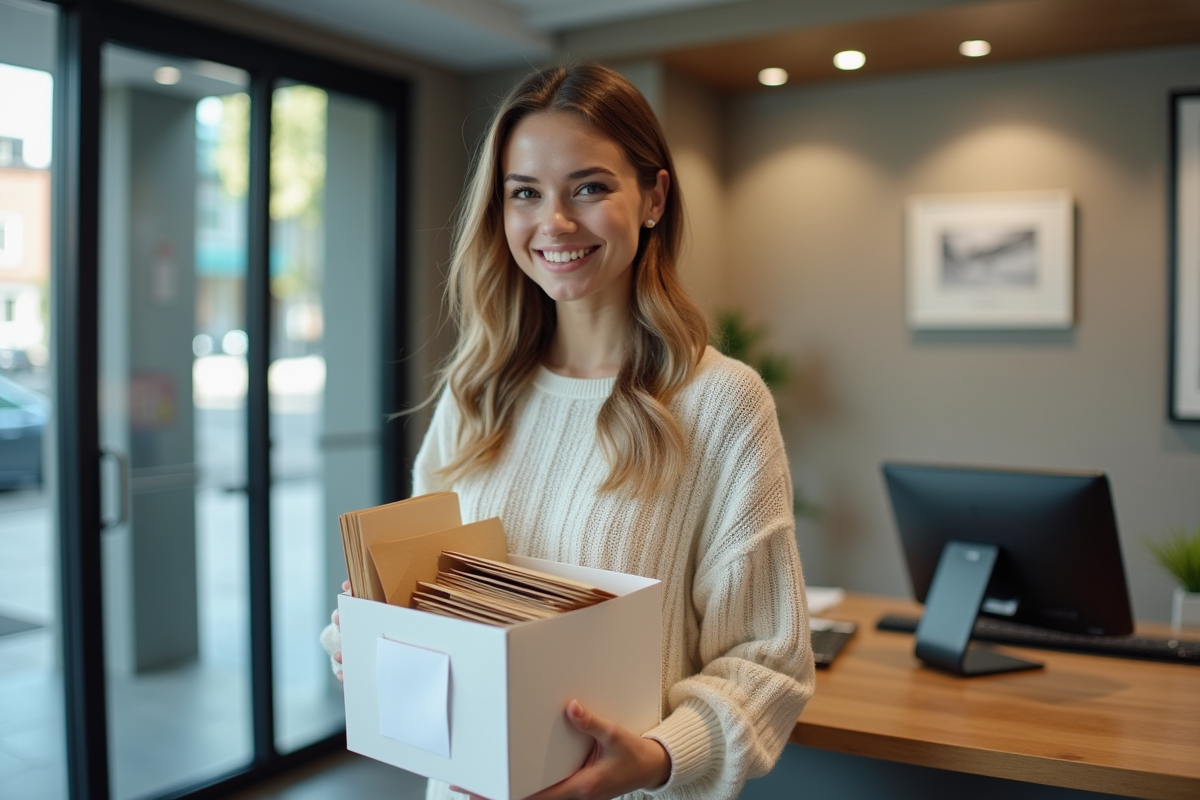 Jeune femme souriante organisant du courrier dans un hall d