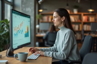 Femme marketing utilisant un outil IA pour analyser des données de croissance sur un écran dans un bureau moderne