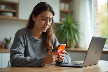 Femme frustrée au téléphone contactant le service client Orange après une panne internet à domicile