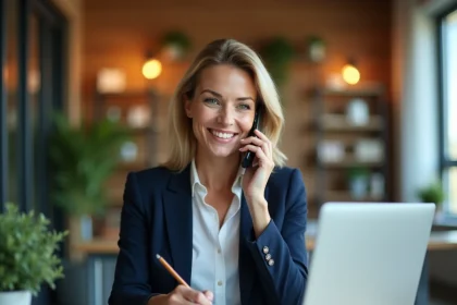 Femme professionnelle en blazer marine passant un appel téléphonique pour transformer une prise de contact en rendez-vous qualifié