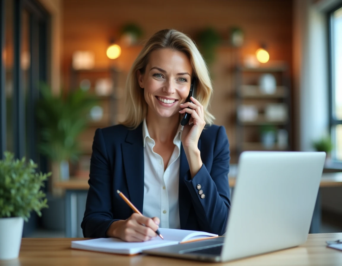 Femme professionnelle en blazer marine passant un appel téléphonique pour transformer une prise de contact en rendez-vous qualifié