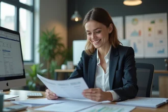 Femme en blazer au bureau lors de la revue de documents