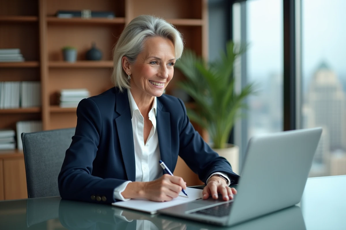 Femme confiante en blazer navy dans un bureau moderne