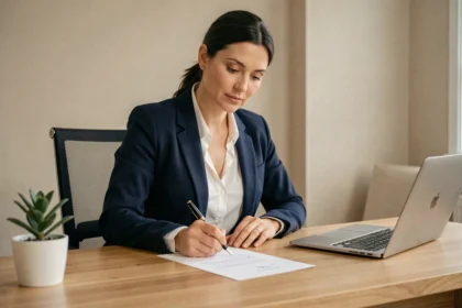 Femme professionnelle rédigeant une lettre de démission avec préavis à son bureau