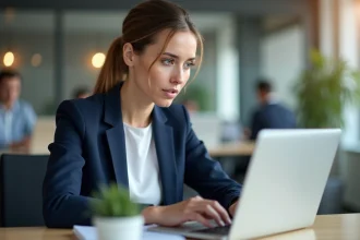 Femme professionnelle rédigeant un post LinkedIn avec mise en forme en gras sur son ordinateur portable dans un bureau moderne