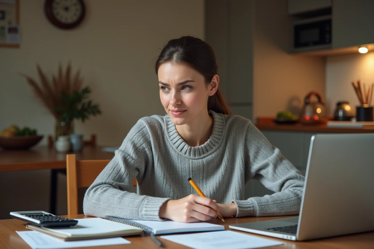 Jeune femme à la maison en train de revoir ses notes
