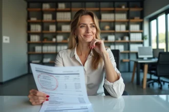 Femme d'affaires regardant un bulletin de salaire avec inquiétude