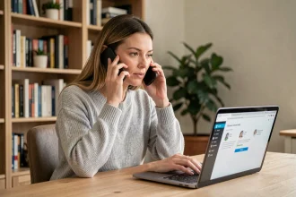 Femme contactant le service client Backmarket par téléphone depuis son bureau à domicile