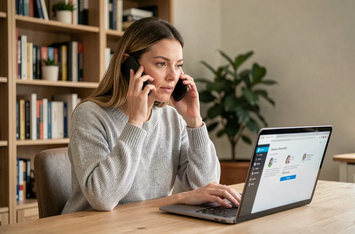 Femme contactant le service client Backmarket par téléphone depuis son bureau à domicile