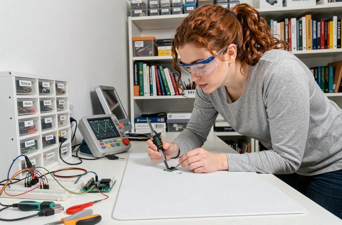 Femme technicienne inspectant des composants électroniques avec un pied à coulisse sur un établi de laboratoire maison équipé