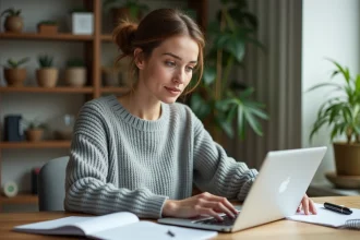 Femme en télétravail consultant ses documents RH sur un ordinateur portable depuis son bureau à domicile