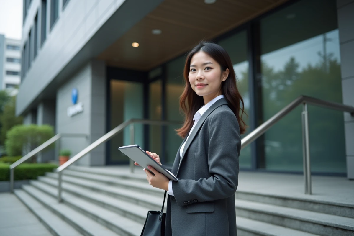 Jeune femme asiatique avec tablette devant un b&acirc;timent d entreprise