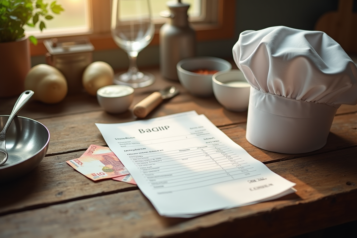 Fiche de paie sur une table en bois avec ustensiles de cuisine