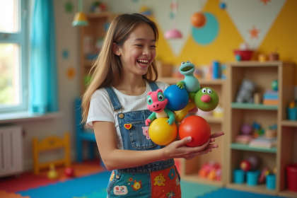 Jeune femme en overalls colorés dans une salle de jeux