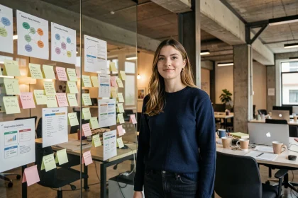 Jeune fondatrice de startup devant un mur de post-it dans un espace de coworking de Station F à Paris