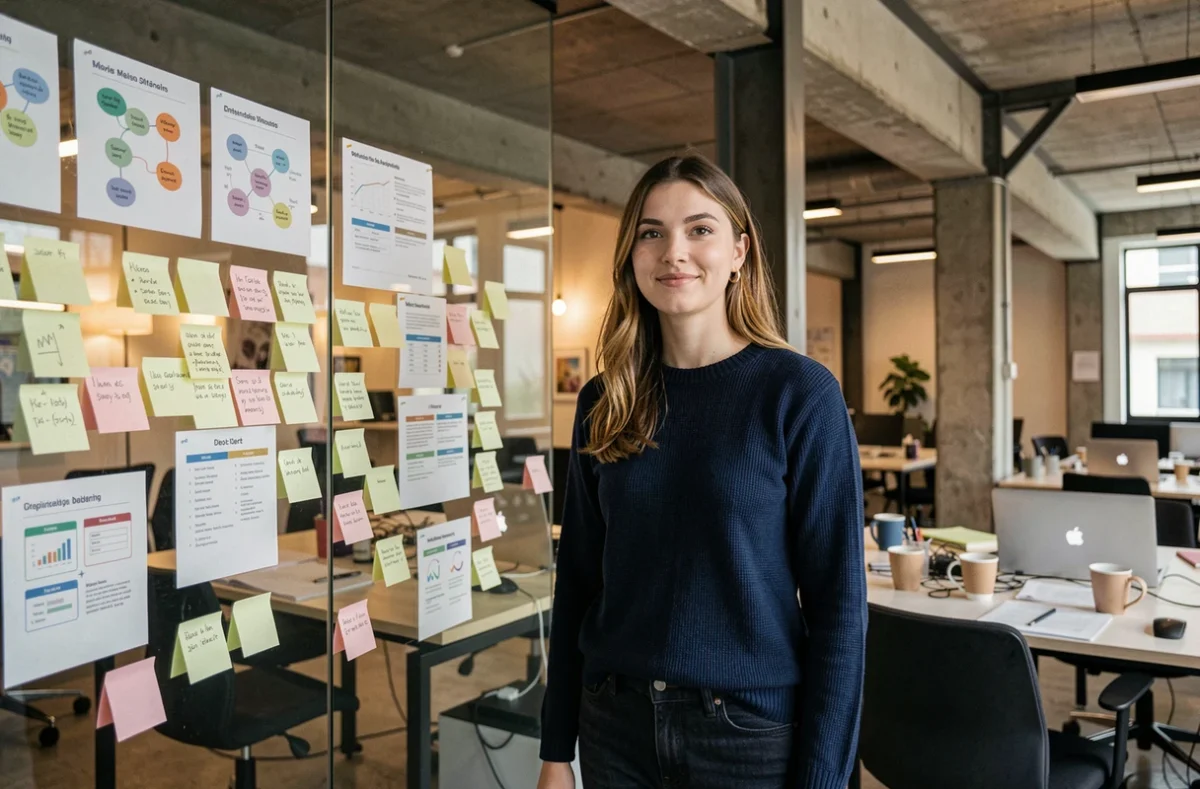 Jeune fondatrice de startup devant un mur de post-it dans un espace de coworking de Station F à Paris