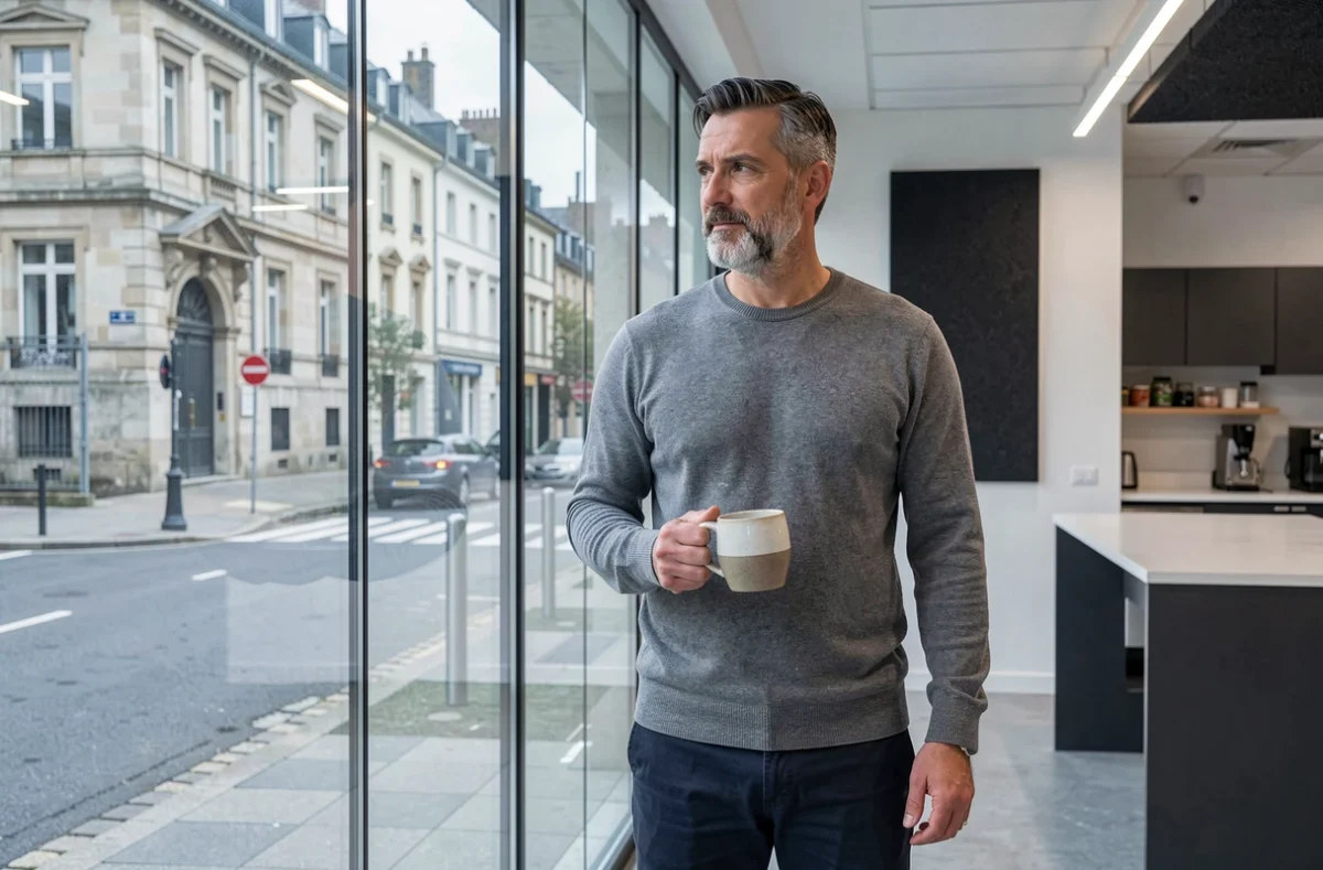 Freelance masculin en pause café dans un coworking de Bourges, regardant par la fenêtre vers le bâti historique de la ville