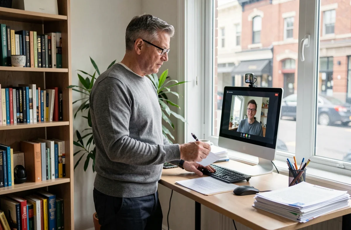 Freelance en portage salarial travaillant depuis son bureau à domicile lors d'une visioconférence professionnelle