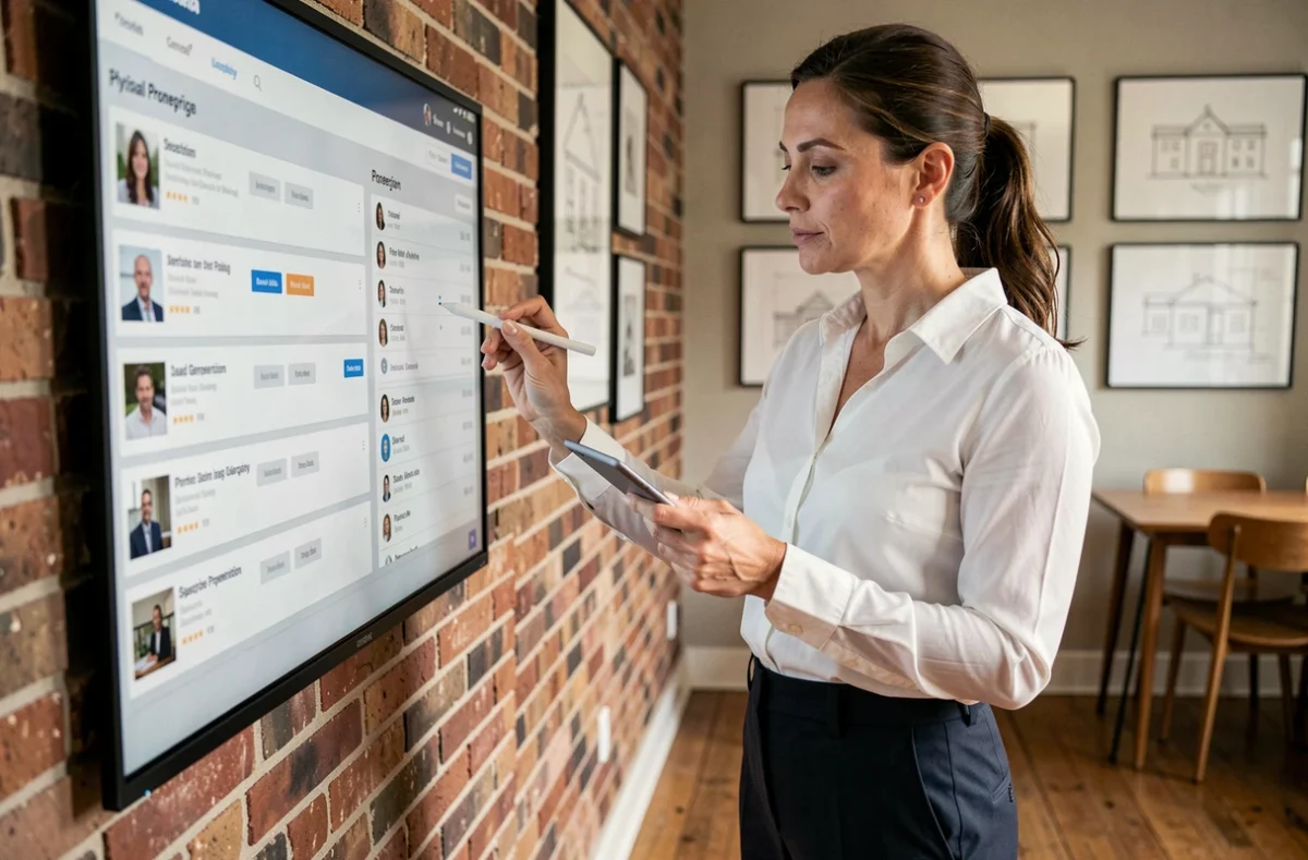 Professionnelle de l'immobilier utilisant une plateforme de génération de leads B2B dans une agence moderne
