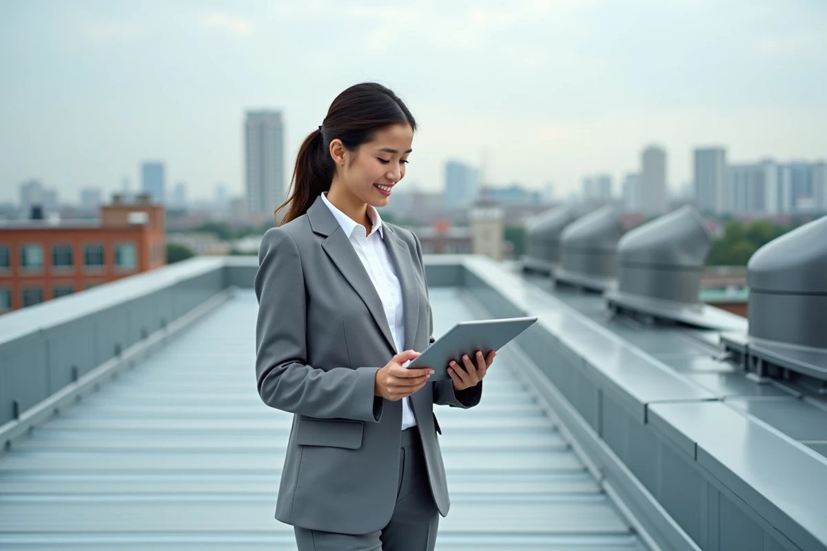 Jeune femme gestionnaire sur toit avec toiture métallique