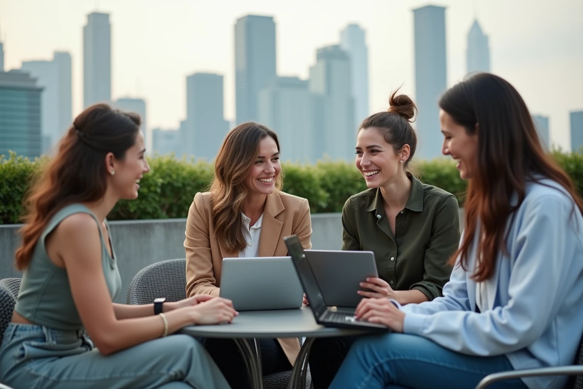 Groupe diversifié en brainstorming sur un rooftop