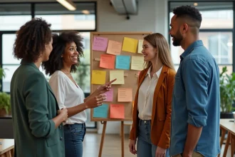 Groupe de quatre adultes collaborant autour d'un tableau d'idées
