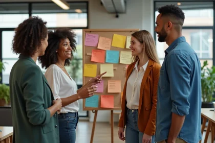 Groupe de quatre adultes collaborant autour d'un tableau d'id&eacute;es