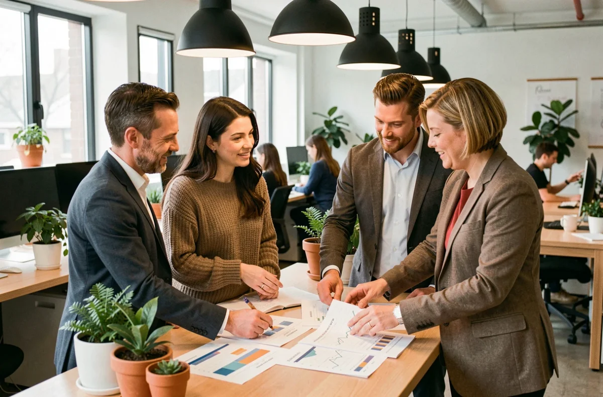 Groupe de consultants en portage salarial collaborant autour d'un bureau dans un espace de travail partagé à Nancy