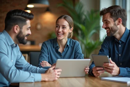 Trois entrepreneurs en r&eacute;union dans un espace coworking moderne