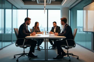 Groupe de quatre professionnels collaborant dans un bureau moderne