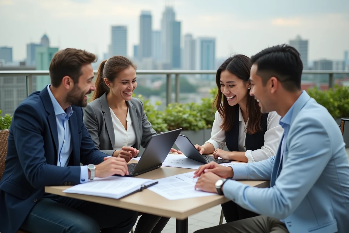 Groupe de professionnels en discussion en ext&eacute;rieur