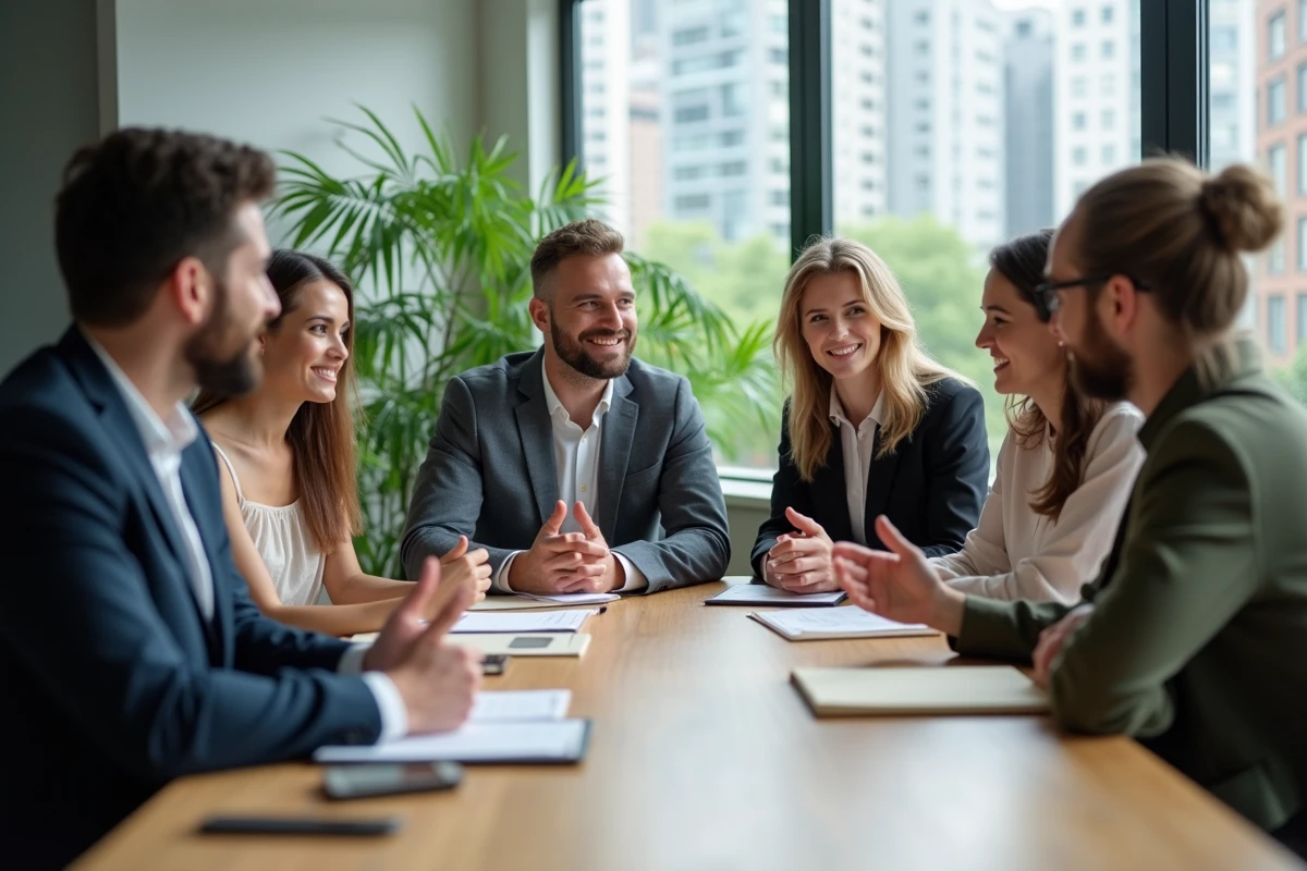 Groupe d'adultes en réunion dans un bureau moderne