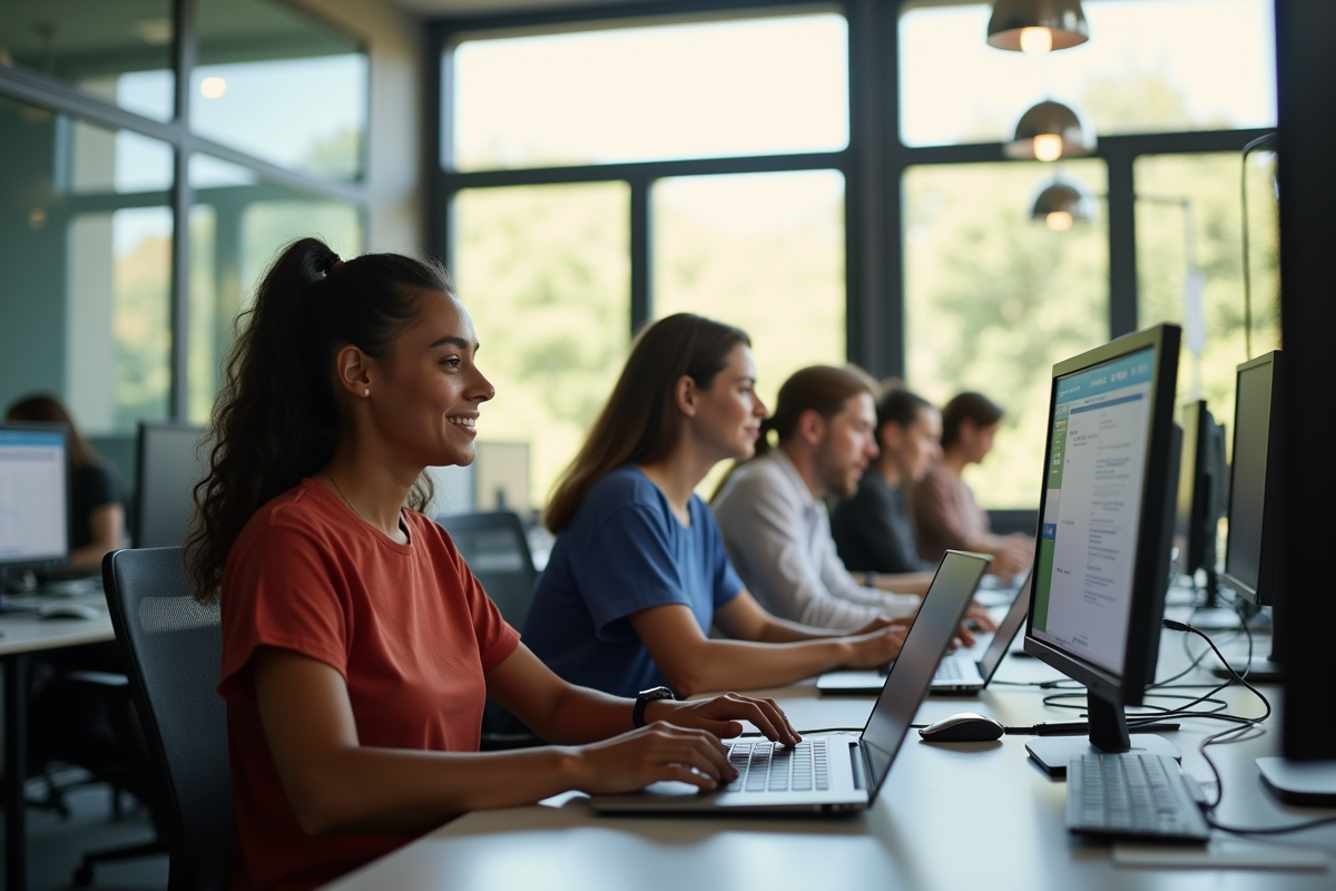 Groupe diversifié travaillant sur ordinateurs dans un espace de coworking lumineux