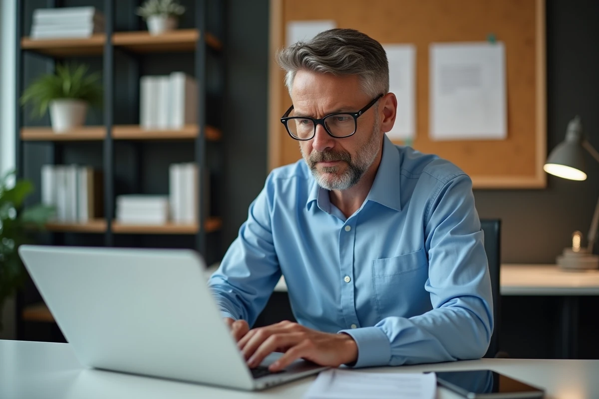Homme d'affaires au bureau lisant un site web
