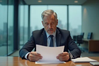 Homme d affaires en costume étudiant des documents dans un bureau moderne