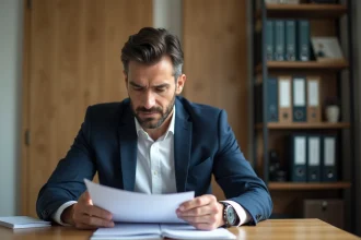 Homme en costume bleu lisant des documents au bureau