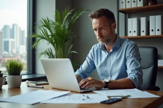 Homme d'affaires en bureau moderne regardant son ordinateur