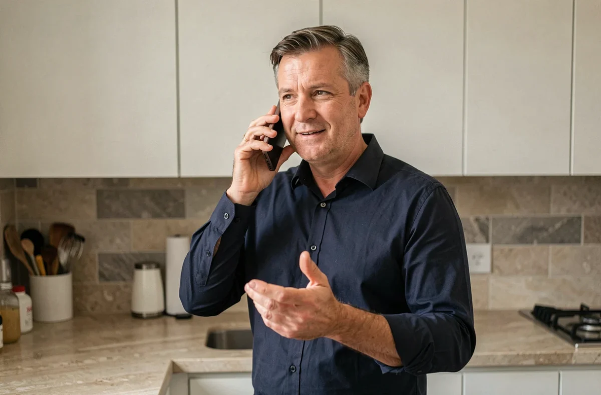 Homme utilisant son téléphone pour joindre le support client Backmarket dans une cuisine moderne